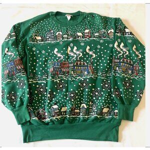 JANE COLBY VTG Green Double Sided Christmas Holiday Sweatshirt Sweater Size L